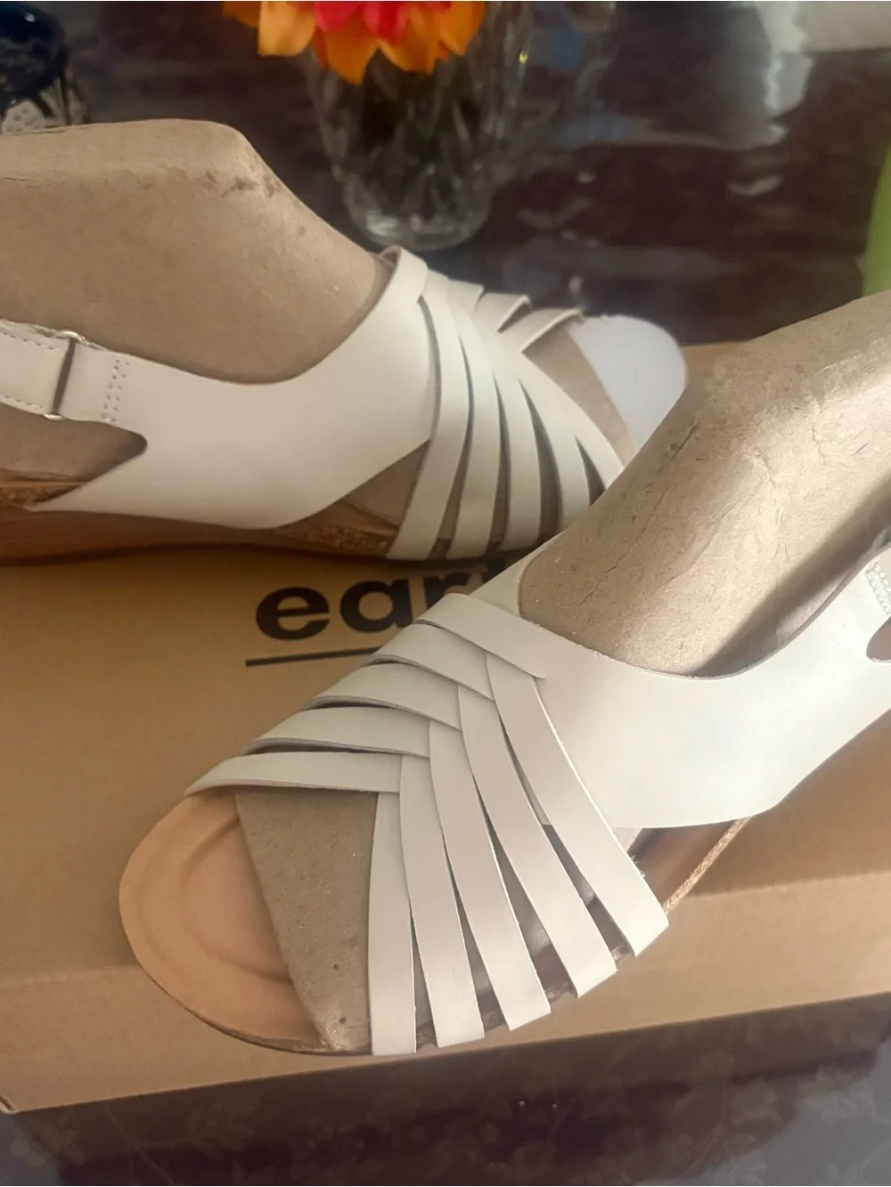 Earth Women's Leather Cream Woven Slide Sandals